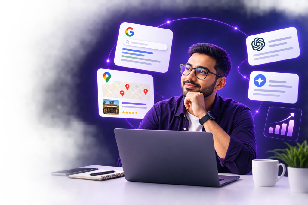 Digital marketing consultant with Google Search, Google Maps, ChatGPT and Gemini results showing AI search visibility